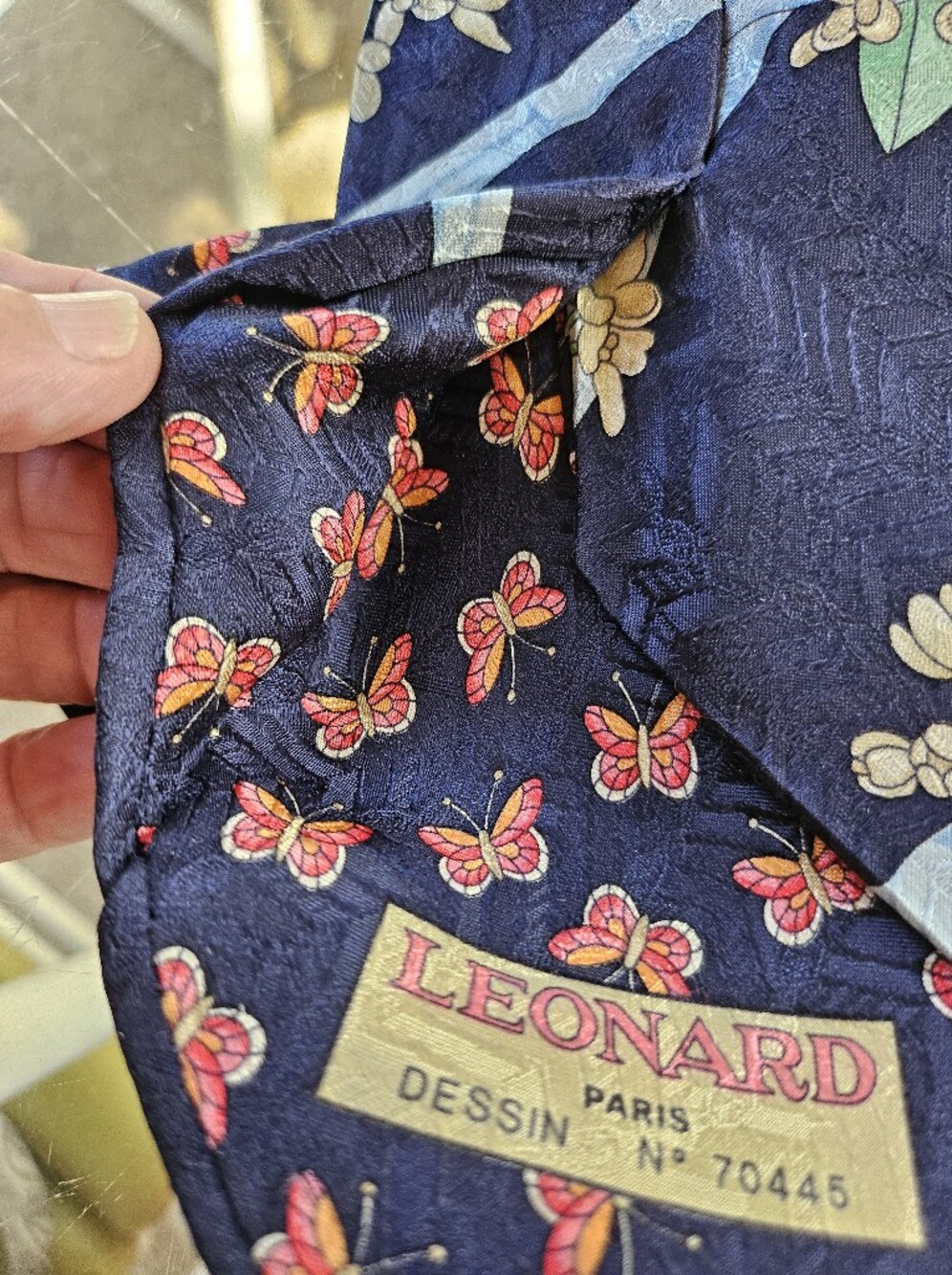 Leonard Paris Silk Tie Dessin No 70445 Blue Floral Butterfly Tie - Picture 10 of 11